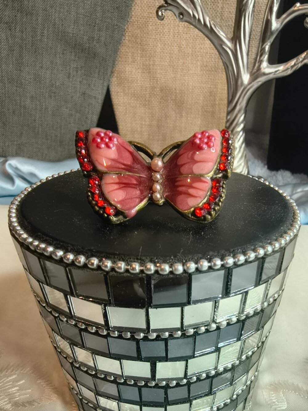 Pink Enamel on Brass Butterfly Brooch